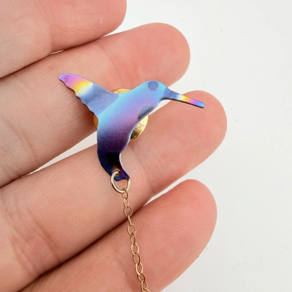 Hummingbird Flower Collar‎ Pin Multicolor Excellent Iridescent Chain